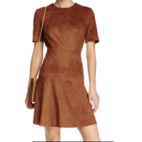 Bagatelle Brown Faux Suede Mini Dress Short Sleeve Crew Neck Fall Chic Casual S - Picture 2 of 12